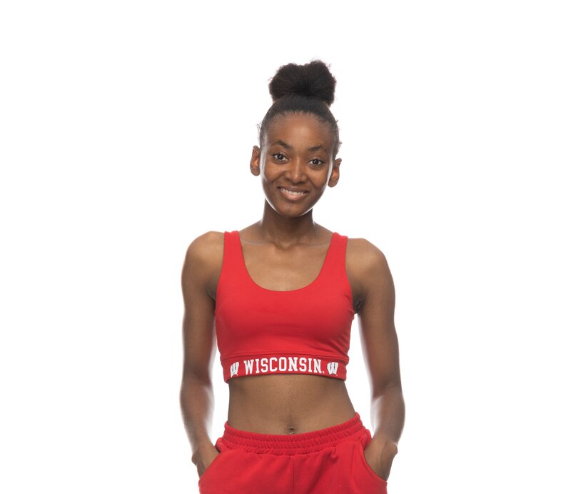 red sports bra with wisconsin on the band