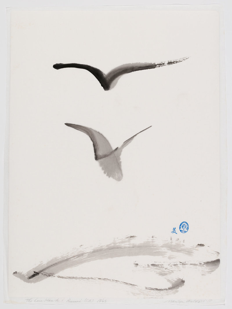 Ink and Paper, Sumi e aAbstract sumi e painting by Marilyn Wells based on Rumi quote, ”This dove here senses the love-hawk floating above and waits and will not be driven or scared to safety.” Ink on Paper
