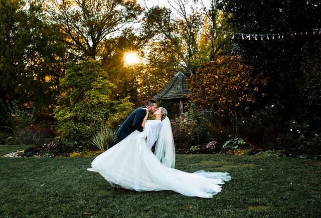 Couple dip and kiss at Historic Londontown Wedding, sunset photo, Maryland Photographer