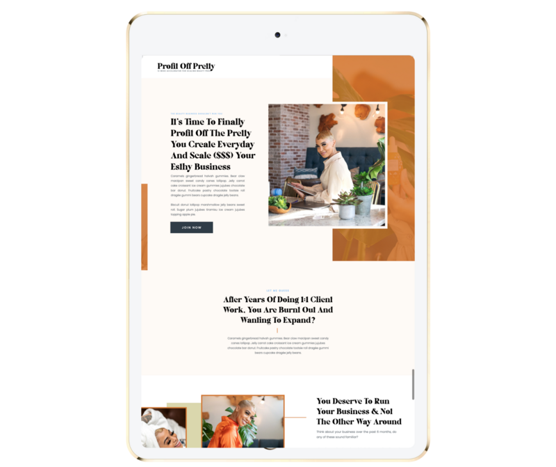 orange and beige showit website template being displayed on a white ipad