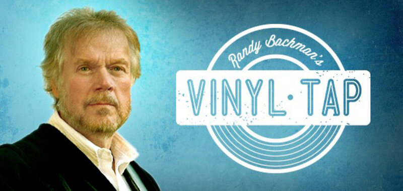 Randy Bachman Vinyl Tap Stories Promotional Image closeup on blue background program logo beside him