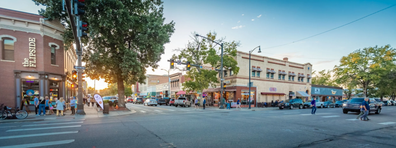 Downtown Loveland clock tower and red brick shopping district