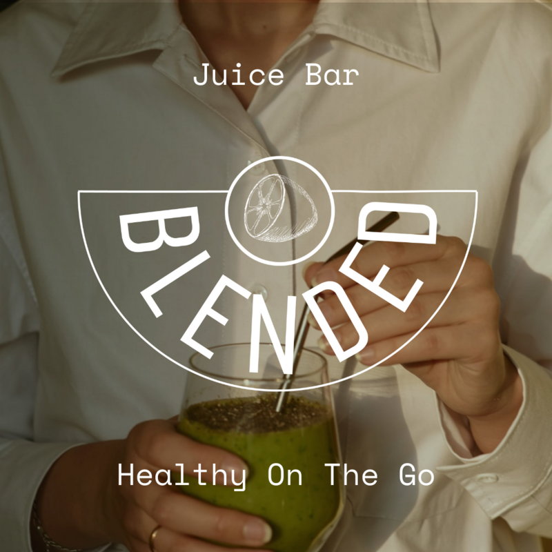 Luxury branding service for client, Blended Juice Bar. An illustrated citus logo in white with the words: "Blended" circled above it in white font. The words: "Juice Bar " appears at the top half also in white font. The words "Healthy on the go" appears near the bottom also in white font.