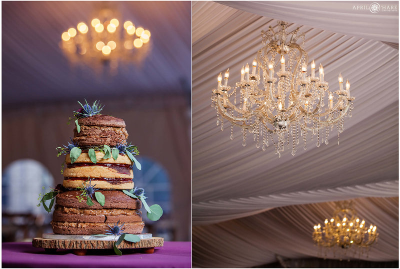 Cute naked cake photographed with elegant chandeliers in the white tent at Boulder Creek Wedgewood Weddings in Colorado