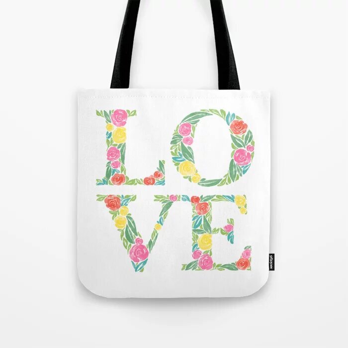 Custom tote with illustrated floral letters spelling out "Love"