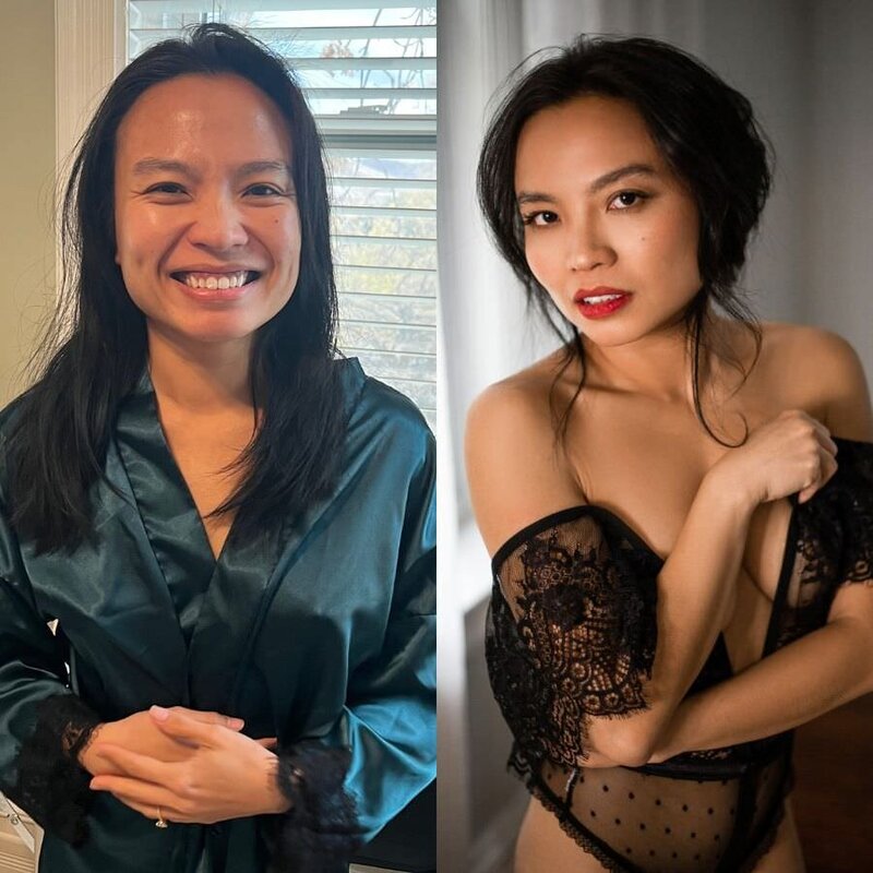 Before & after of an asian woman with long black hair getting her boudoir image taken
