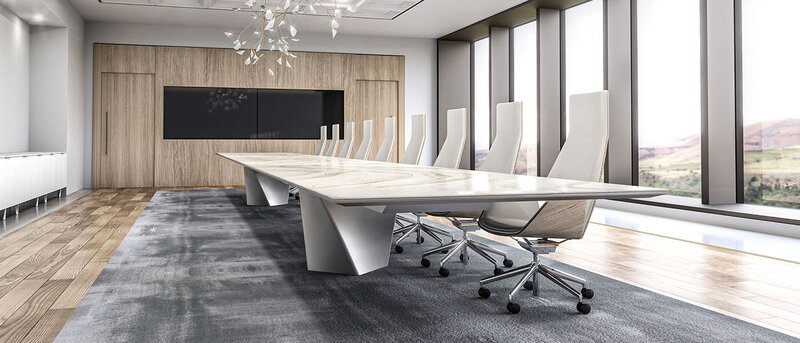 modern and minimalistic conference  room with sleek white table and chairs