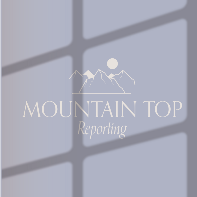Luxury branding service for client, Mountain Top Reporting. An illustrated mountain range logo in white with the words: "Mountain top" directly below it in white font. The words: "reporting" appear at the bottom half also in white font.