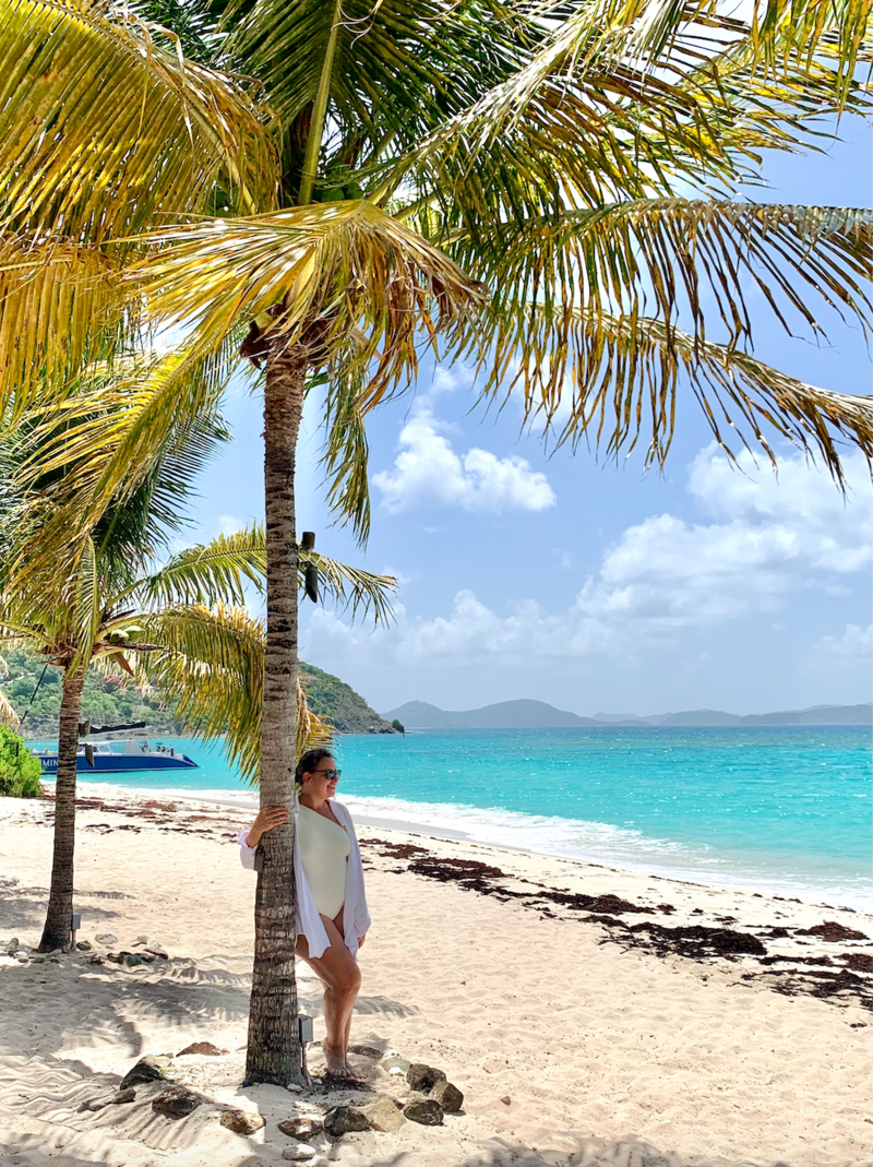 Woman on secluded Caribbean beach under palm tree looking at turquoise water