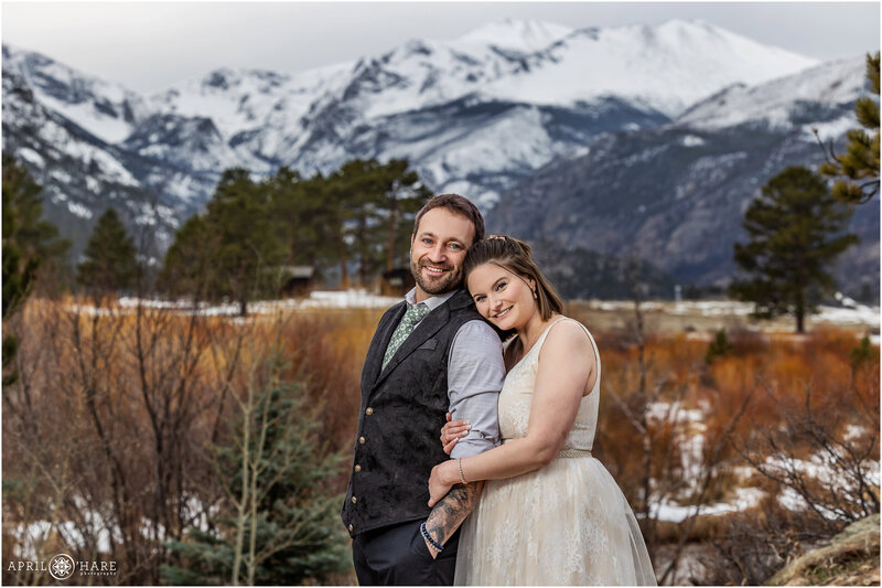Spring Elopement with Snow Covered Mountains in Rocky Mountain National Park