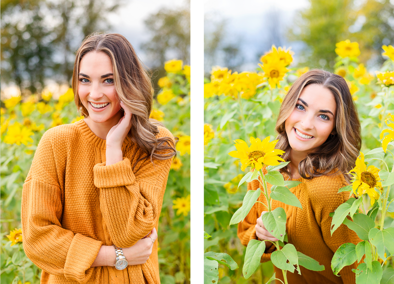high school senior girl posed in sunflower field in fall senior portraits