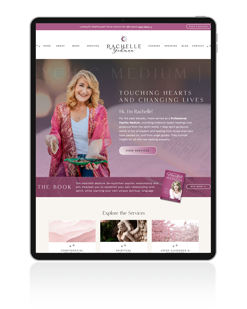 Explore Rachelle's psychic channeler website design on iPad, highlighting the intersection of creativity and digital innovation through website design for creatives.