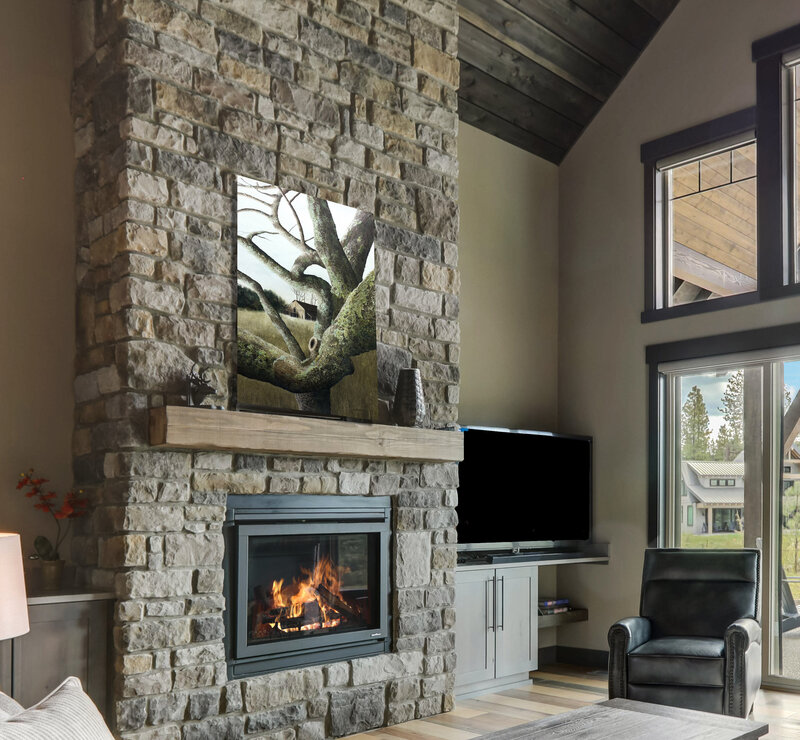 Twisted on stone fireplace