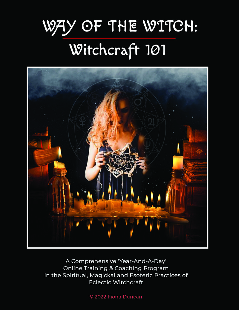 Way of the Witch: Witchcraft 101 Course  cover with witch, books, candles and mist against a black background
