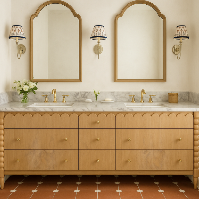 Dana Point Home remodel by Southern California Interior Designer Terri Brien Interiors. Custom white oak bathroom vanity with marble countertop, wall sconces and arched mirrors.