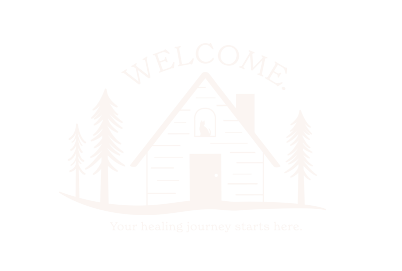 Sheri Zanganeh Cabin Tagline Illustration, showing a cabin framed by two trees on the left and a single pine tree on the right. A cat's silhouette is visible in the center window, and the word "Welcome" arches over the top of the cabin.