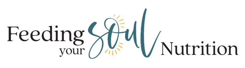 "Feeding your Soul Nutrition", the word soul is teal with yellow sun-rays around the O