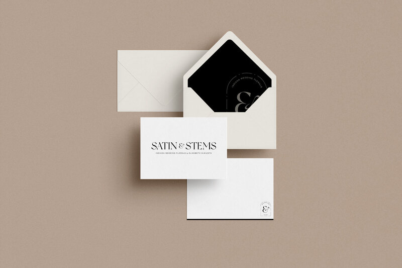 a mockup showing classic branding on black, white, and neutral stationery