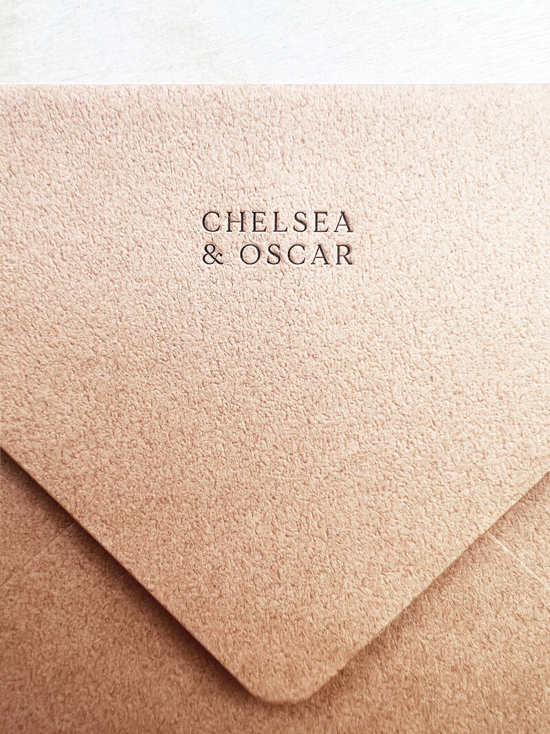 Luxury sophisticated letterpress wedding envelope close up - Chelsea
