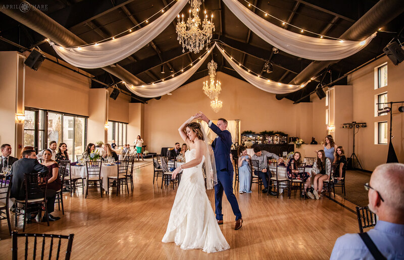 First dance in a modern ballroom in North Colorado Springs at Black Forest Wedgewood Weddings