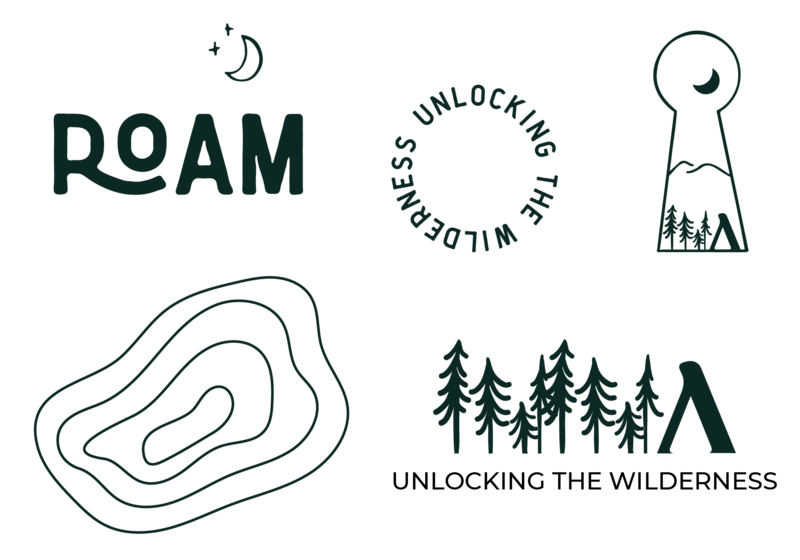 A brand identity system including hand-drawn trees and wilderness icons for a women's outdoor gear company that promotes empowerment, sustainable camping and conservation.