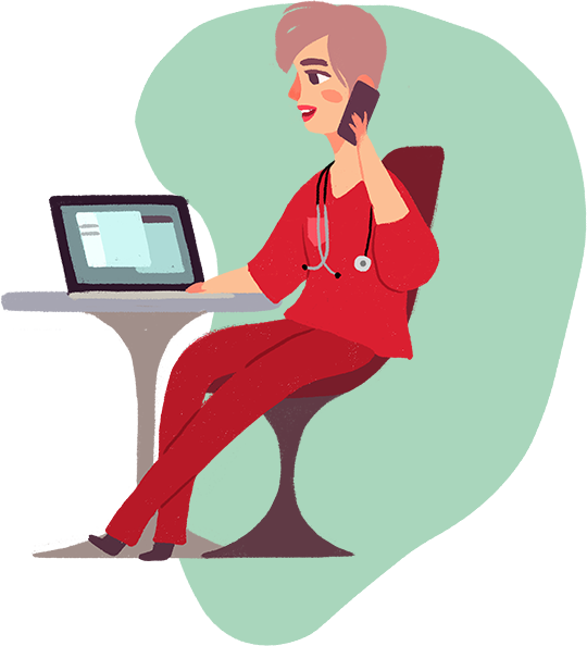 illustrated nurse in red scrubs working on a laptop while on the phone