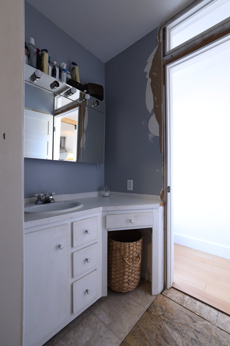 Primary bedroom renovation by Nadine Stay. Vertical  wood plank walls and wood plank ceiling. Low bedroom ceiling before and after.