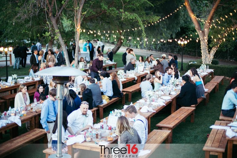 Wedding guests sit together at an outdoor reception on picnic benches with lights strung from tree to tree