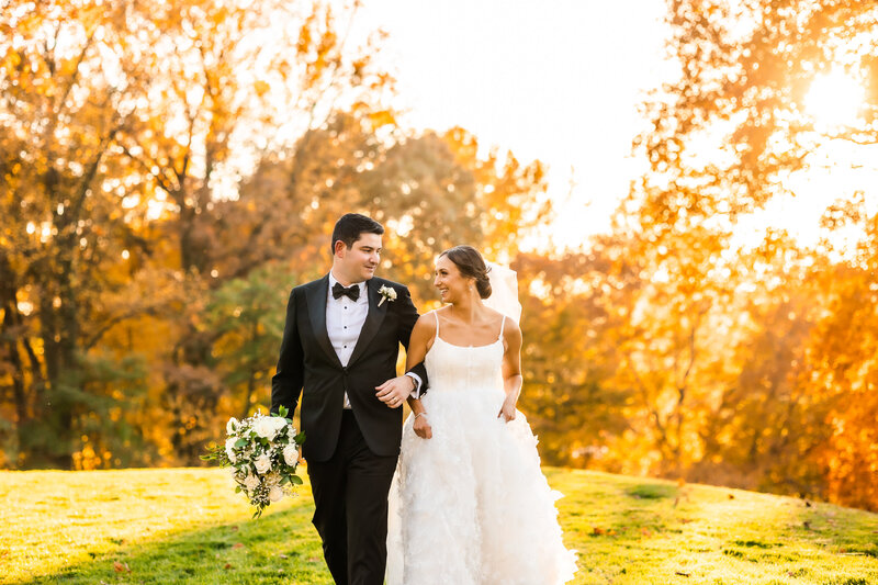 Fall foliage and glowing sunset with wedding couple, Baltimore County Club, Maryland Wedding