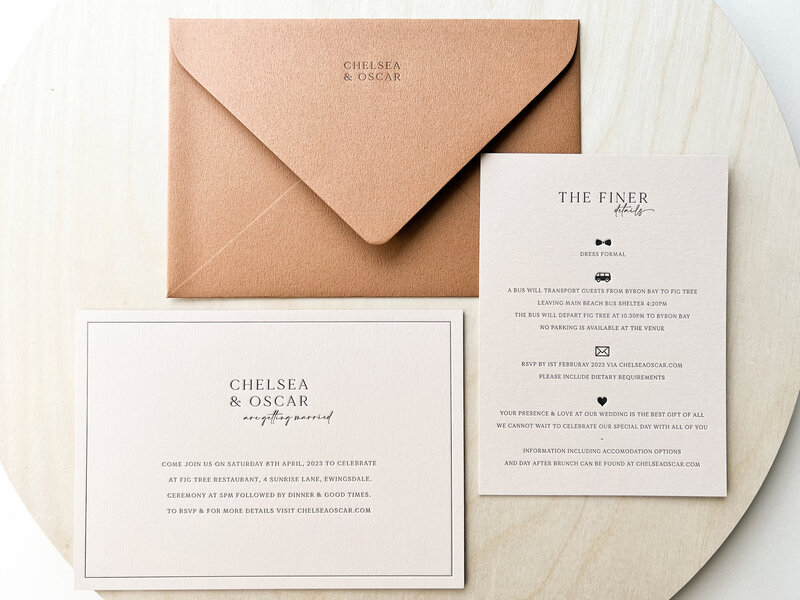 Luxury sophisticated letterpress wedding invitation, envelope and details card laid out flat - Chelsea