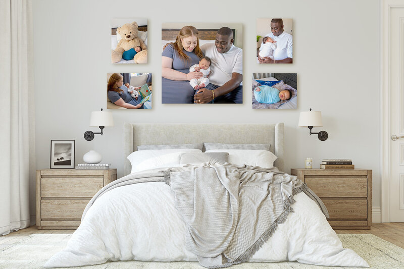 A bedroom displaying Northern Virginia newborn photos.