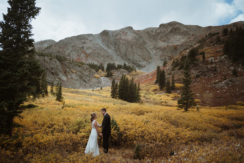 bride and groom are kissing as the sun sets. there are mountains behind them in colorado with snow on them. the trees are also in the background of the overlook.