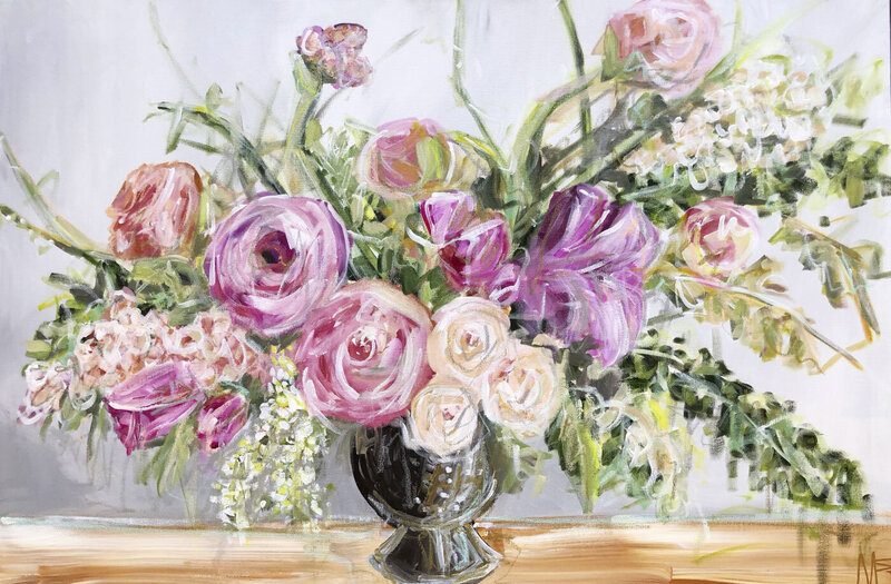 pink and purple flower arrangement in vase painting by Miriam Shufelt Art