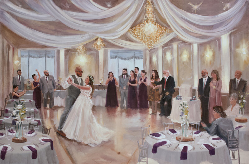Painting of bride and groom's first dance at Bella Vista live wedding painting