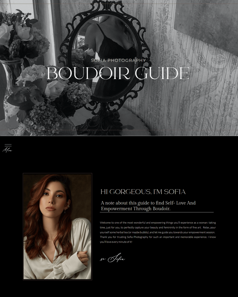 Sofia one-page Showit client guide for boudoir photographers featuring a modern, elegant design—perfect for sharing session details, pricing, and FAQs.