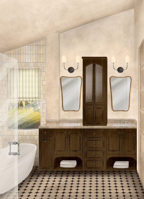 Coto de Caza master bathroom remodel by Orange County interior designer Terri Brien Interiors. Custom walnut cabinetry with limestone countertop, iron wall sonces, custom stone mosaic flooring and brass Italian mirrors