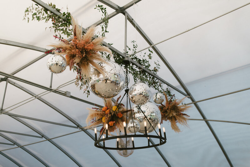 disco ball wedding floral installation