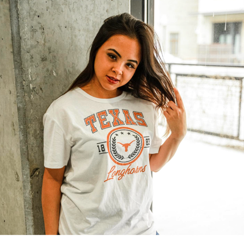model wearing white texas longhorns t shirt