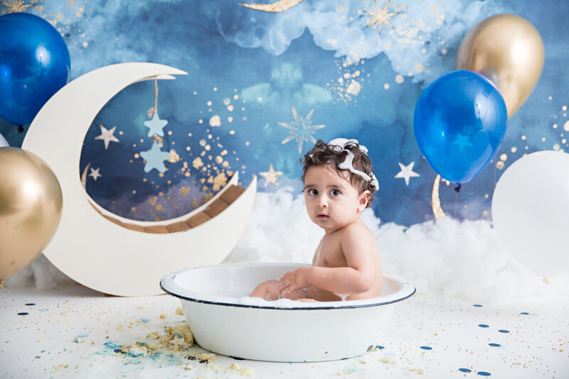 baby boy cake smash bubble bath moon and stars