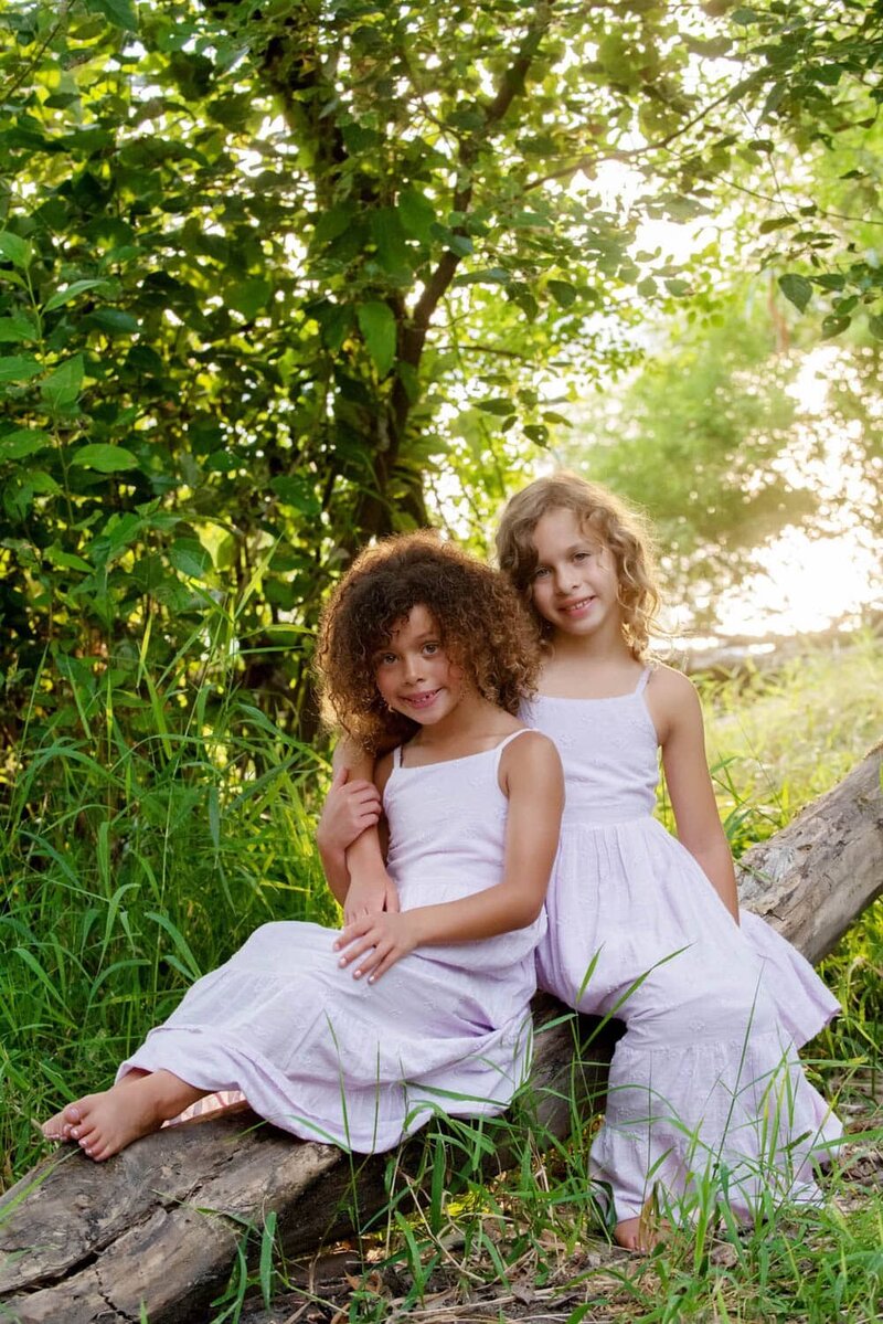 Two cute sisters sitting together  on a tree branch in lilac colored dresses.