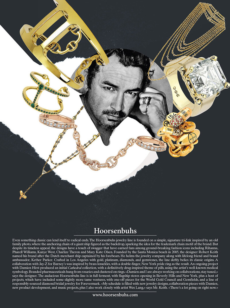 Vogue Magazine Branding Portrait Robert Keith Hoorsenbuhs Luxury Jewelers black and white headshot surrounded by gold jewelry