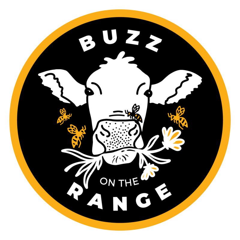 A black, white, and gold logo for Buzz on the Range