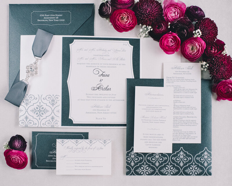 Wedding invitation folio with pockets and modern pattern stationery