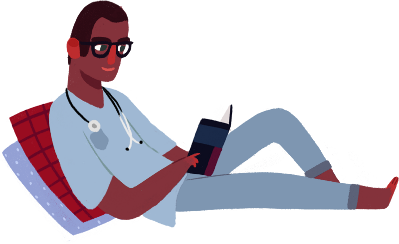 cartoon male nurse reading a book