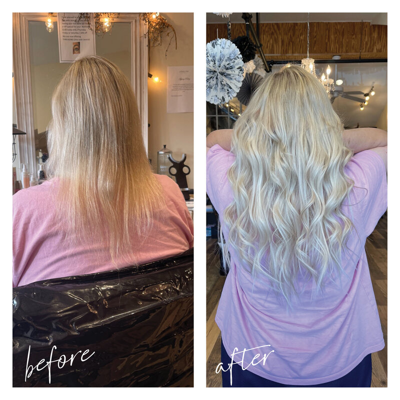 before and after view of beautiful clip in hair extensions
