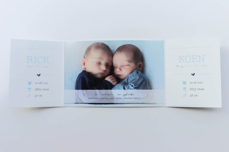 Jongens tweeluik geboortekaartje tweeling met foto Rick & Koen