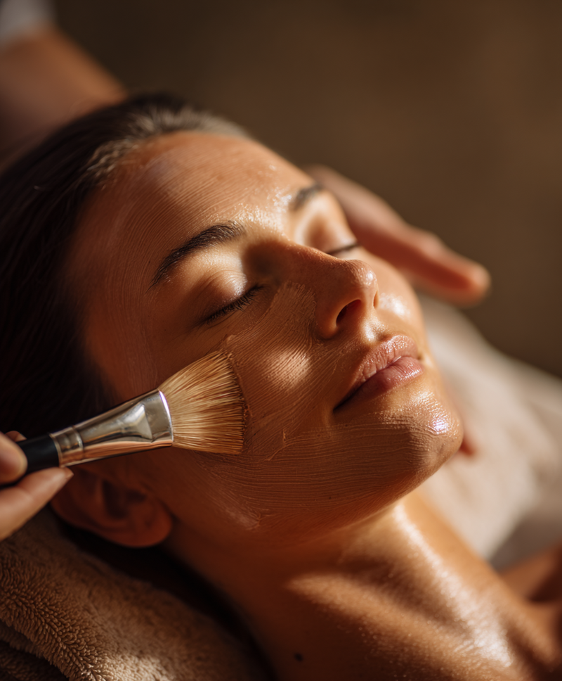 Esthetician gently massaging client’s skin with soothing facial mask.