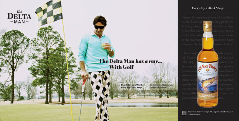 The Delta Man Steve Azar branding photo standing by golf hole on golf course holding whiskey glass and golf club