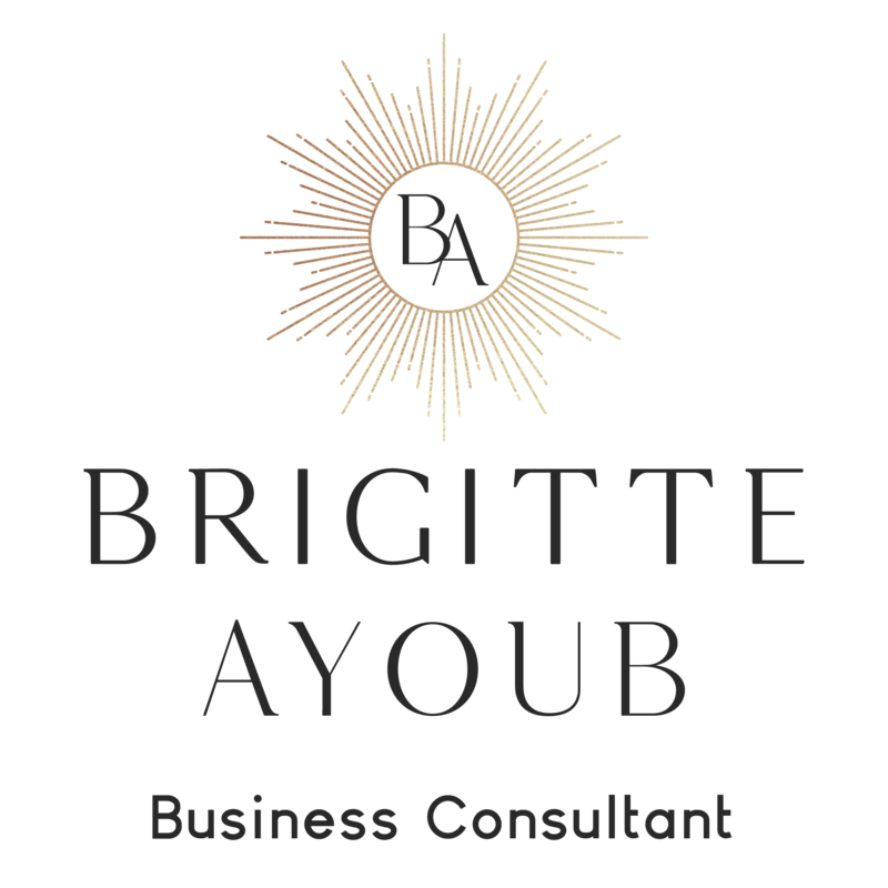 Text based logo with words "Brigitte Ayoub" and simple sun ray icon