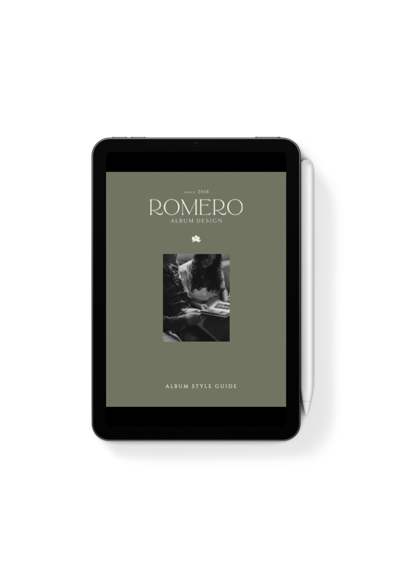 iPad Mini wedding album design style guide on screen- Romero Album Design